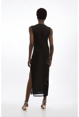 Placed Embellished Floral Mesh Jersey Midi Dress