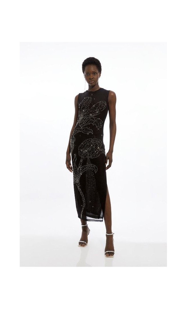 Placed Embellished Floral Mesh Jersey Midi Dress