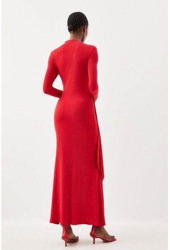 Jersey Crepe Ruched Tie Long Sleeve Maxi Dress