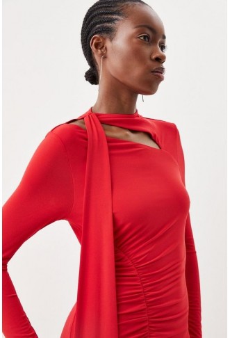 Jersey Crepe Ruched Tie Long Sleeve Maxi Dress