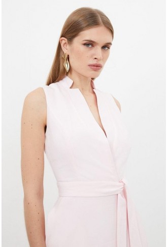 Premium Tailored Linen Notch Neck Belted Midaxi Dress