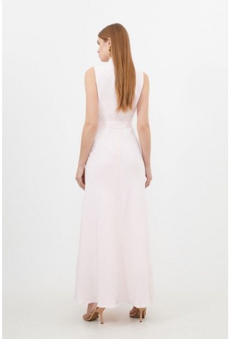 Premium Tailored Linen Notch Neck Belted Midaxi Dress