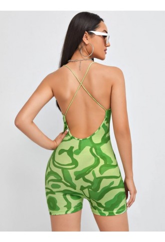 Allover Print Crisscross Backless Unitard Romper