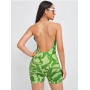 Allover Print Crisscross Backless Unitard Romper