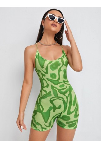 Allover Print Crisscross Backless Unitard Romper