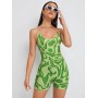 Allover Print Crisscross Backless Unitard Romper