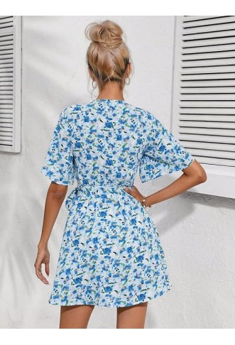 Unity Allover Floral Print Butterfly Sleeve Two Layer Hem Belted Dress