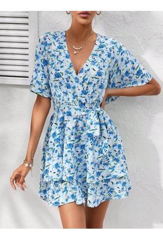 Unity Allover Floral Print Butterfly Sleeve Two Layer Hem Belted Dress