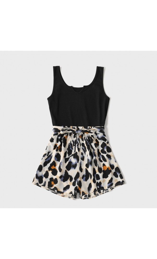 PatPat Black Ribbed U Neck Sleeveless Belted Splicing Leopard Romper