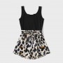 PatPat Black Ribbed U Neck Sleeveless Belted Splicing Leopard Romper