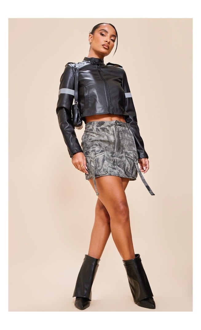Charcoal Grey Vintage Wash Cargo Micro Mini Skirt