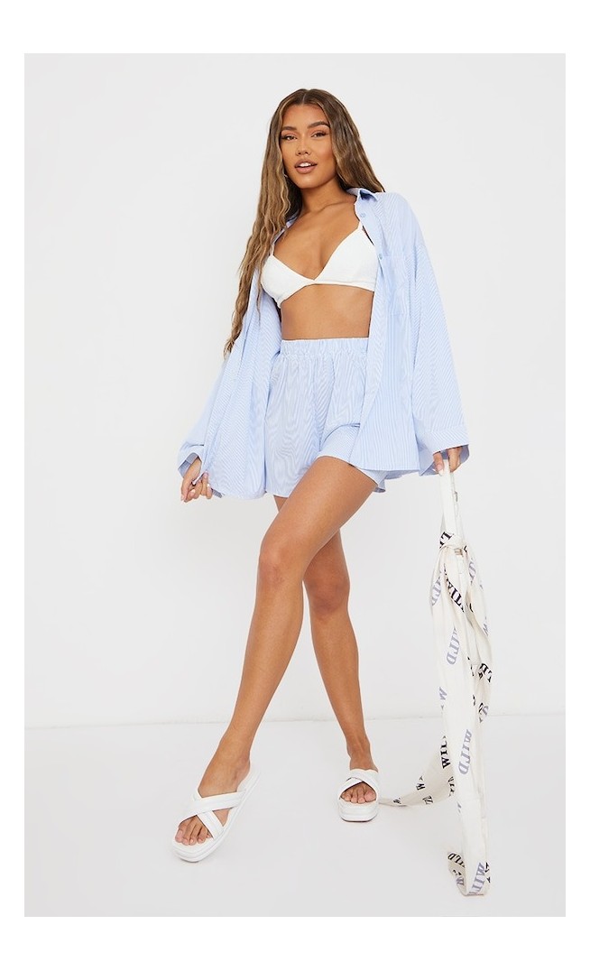 Light Blue Pinstripe Woven Elastic Waist Floaty Shorts