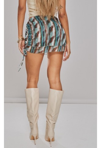 Green Print Mesh Ruched Micro Mini Skirt