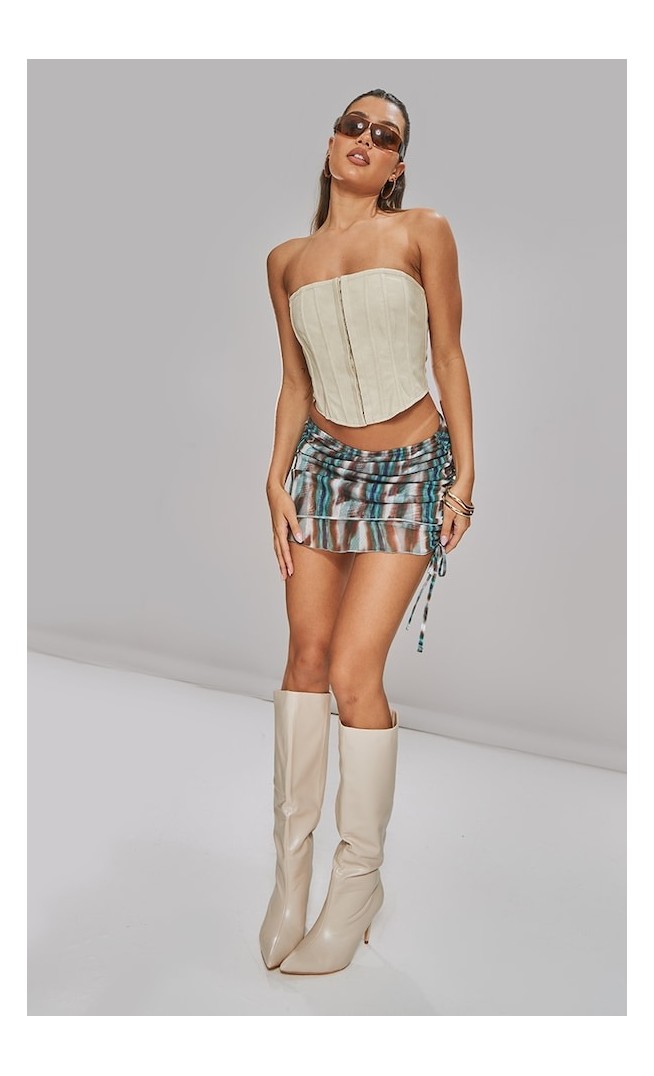 Green Print Mesh Ruched Micro Mini Skirt