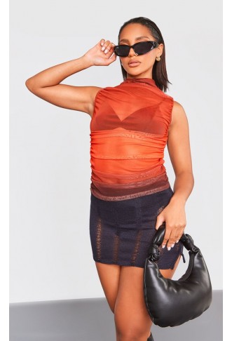 Red Multi Printed Mesh Ruched Sides High Neck Long Top