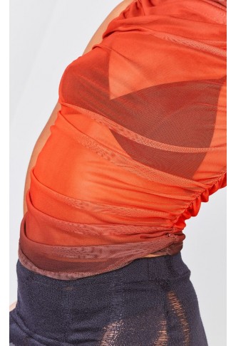 Red Multi Printed Mesh Ruched Sides High Neck Long Top
