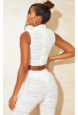 Cream Pleated Jersey High Neck Sleeveless Crop Top