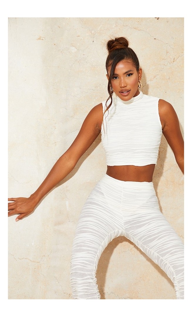 Cream Pleated Jersey High Neck Sleeveless Crop Top