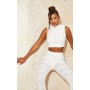 Cream Pleated Jersey High Neck Sleeveless Crop Top