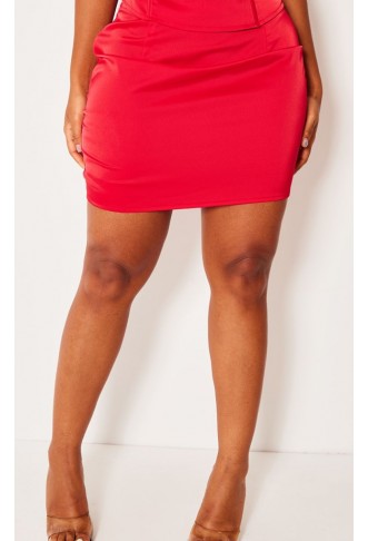 Shape Red Satin Side Split Mini Skirt