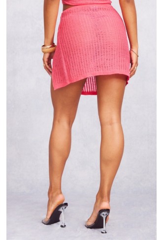 Hot Pink Laddering Knit Split Mini Skirt