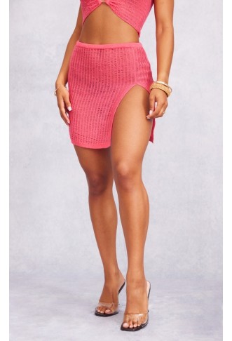 Hot Pink Laddering Knit Split Mini Skirt
