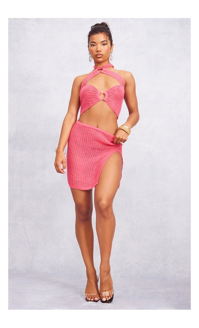 Hot Pink Laddering Knit Split Mini Skirt