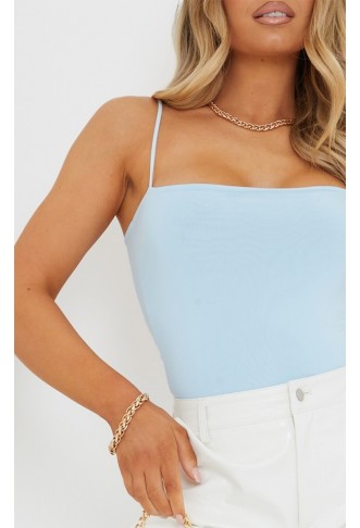 Pastel Blue Slinky Square Neck Spaghetti Strap Bodysuit