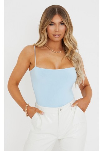 Pastel Blue Slinky Square Neck Spaghetti Strap Bodysuit