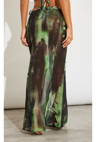 Green Grunge Print Mesh Fishtail Maxi Skirt