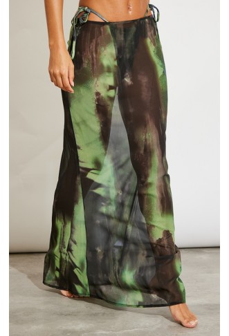 Green Grunge Print Mesh Fishtail Maxi Skirt