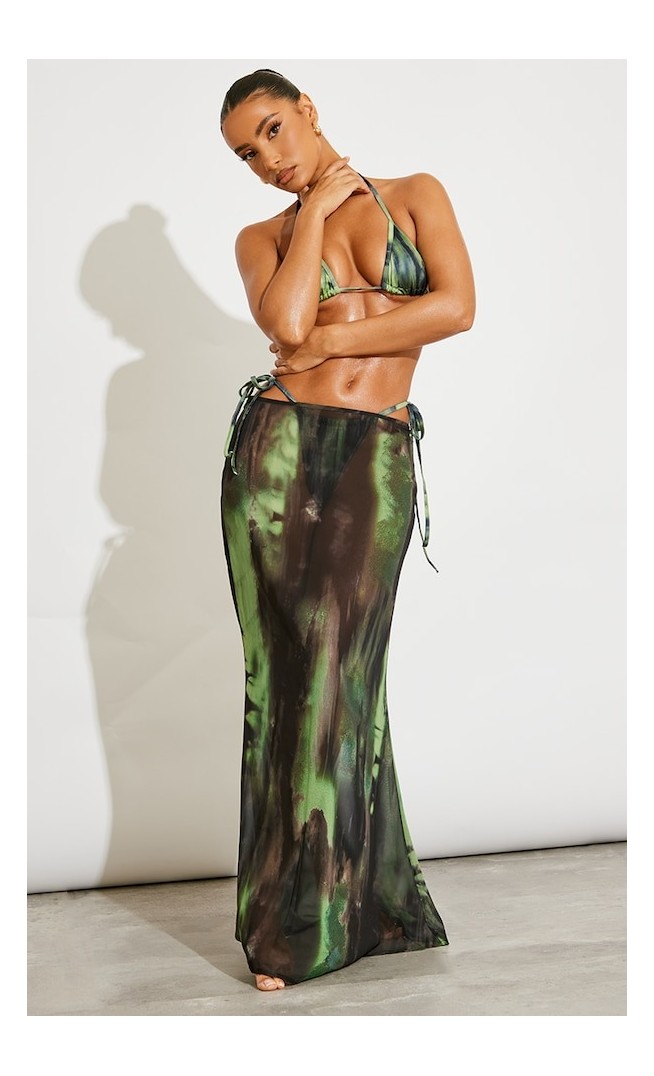 Green Grunge Print Mesh Fishtail Maxi Skirt