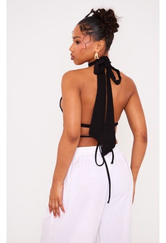 Black Linen High Neck Cut Out Back Pointed Cami Top