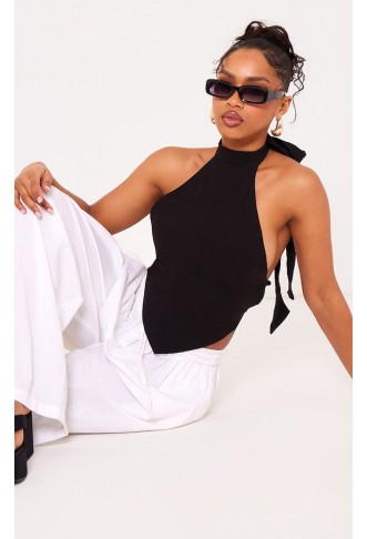 Black Linen High Neck Cut Out Back Pointed Cami Top