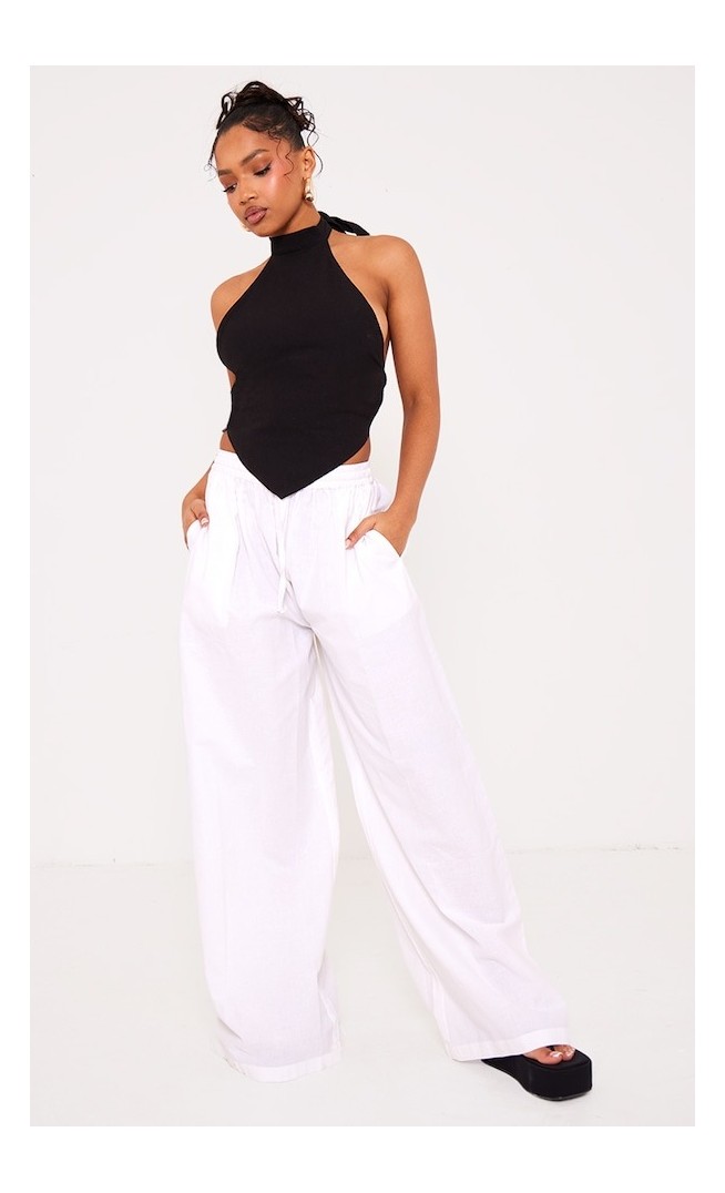 Black Linen High Neck Cut Out Back Pointed Cami Top