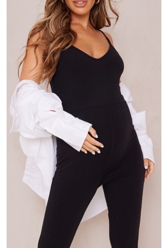 Maternity Black Basic Strappy Plunge Jumpsuit