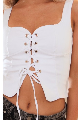 White Stretch Woven Lace Up Plunge Crop Top