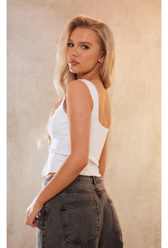 White Stretch Woven Lace Up Plunge Crop Top