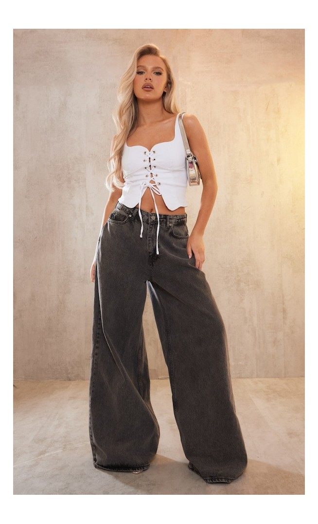 White Stretch Woven Lace Up Plunge Crop Top