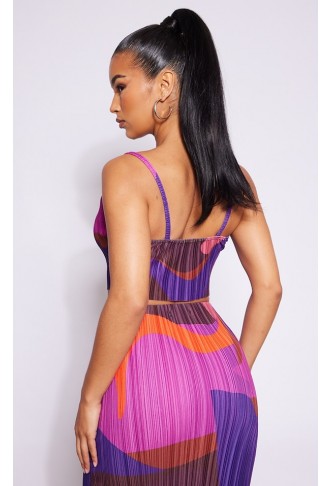 Pink Print Plisse Strappy Cowl Neck Top