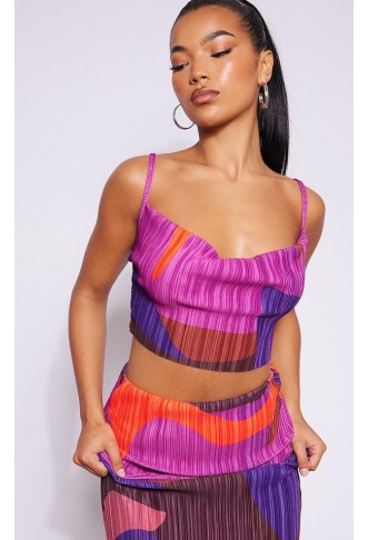Pink Print Plisse Strappy Cowl Neck Top