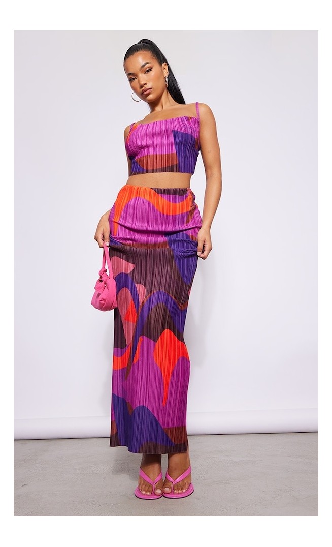 Pink Print Plisse Strappy Cowl Neck Top