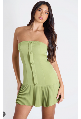 Olive Satin Bandeau Pleated...