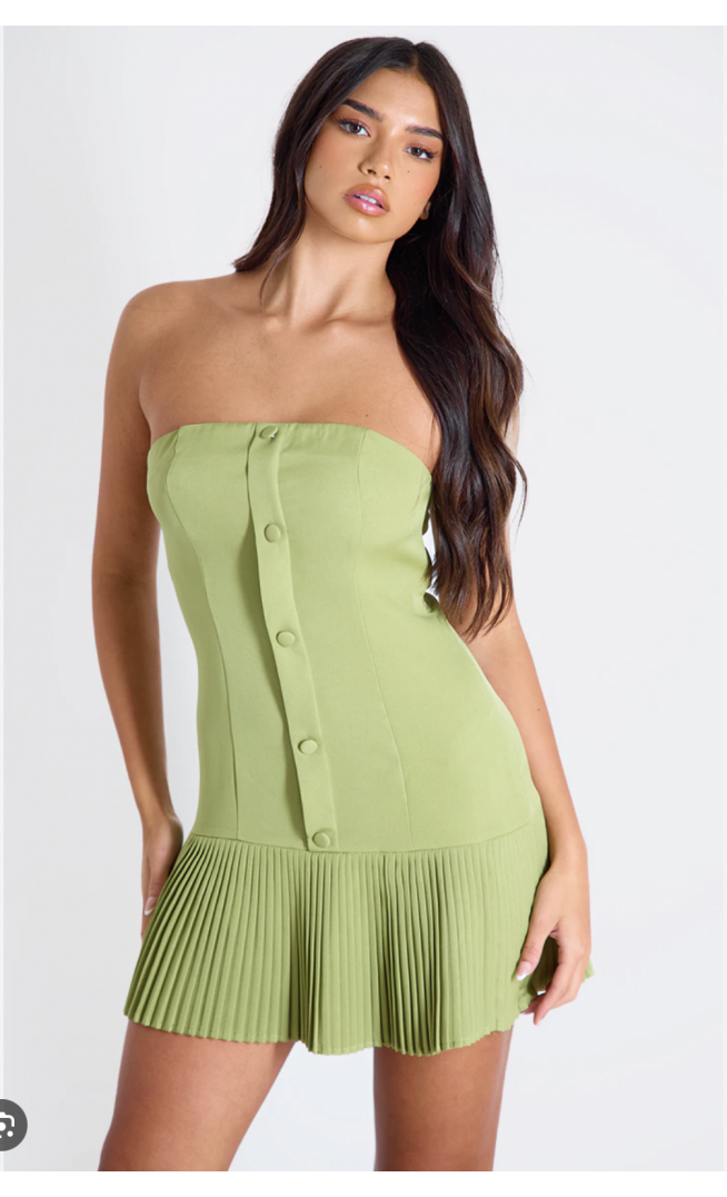 Olive Satin Bandeau Pleated Shift Dress