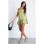 Olive Satin Bandeau Pleated Shift Dress