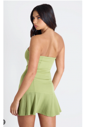 Olive Satin Bandeau Pleated Shift Dress