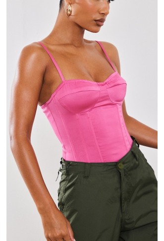 Hot Pink Spaghetti Strap Satin Boned Corset