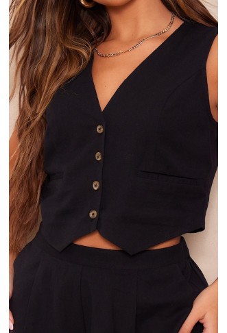Black Linen Look Boxy Waistcoat