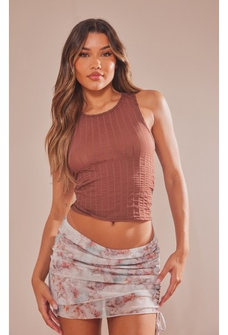 White Renaissance Print Mesh Ruched Micro Mini Skirt