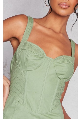Sage Green Cargo Contrast Stitch Corset Detail Bodycon Dress